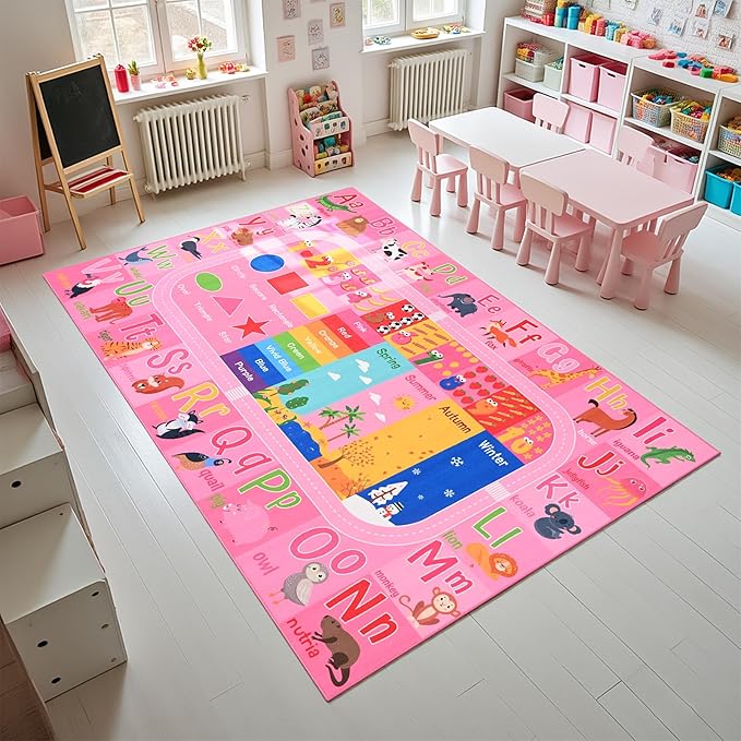 Pink Kids Rug for Playroom Classroom, ABC Alphabet Numbers Play Toddlers Rugs, 4x6 Learning Educational Bedroom Floor Mat, Washable Baby Carpet for Girls Room, Nursery, Preschool, Daycare