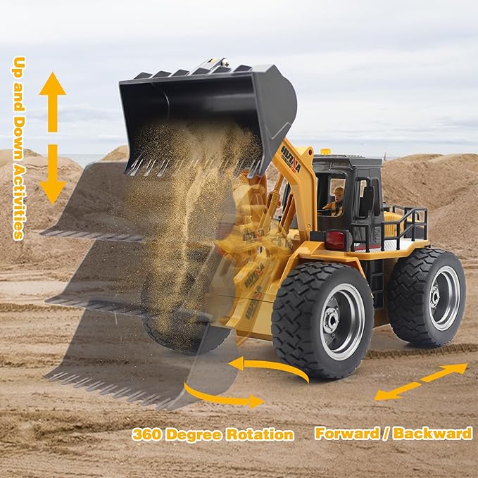 Fistone 9 Channel RC Front Loader, 4WD Alloy Shovel Loader Tractor, 2.4Ghz RC Bulldozer Construction Vehicle Radio Control Tractor Truck Toy with Lights for Kids Age 8-12 Years Old