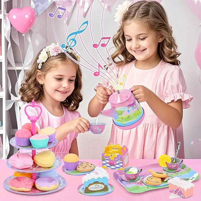 Tea Party Set for Toddles 3-5,53PCS Musical Kids Tea Set for Little Girls with Dessert,Cookies,Doughnut,Cake,Cake Stand,Tablecloth & Carrying Case,Kitchen Pretend Play Toys for Girls Boys Age 3-6