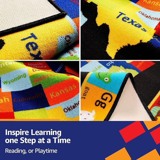 Map Classroom Rug 7'5"x13' United States Map Classroom Carpet Colorful Alphabet Educational USA Map Non Slip Black Playmat for Elementary, Nursery, Preschool, Kids Room, Study Room