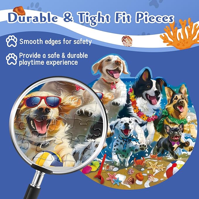 Puzzles for Kids Ages 4-6, 100 Piece Puppies Kids Floor Puzzles with Beach & Marine Animals, Perfect 7 Year Old Boys Girls Gifts, Large Jigsaw Puzzles for Children's Learn and Play