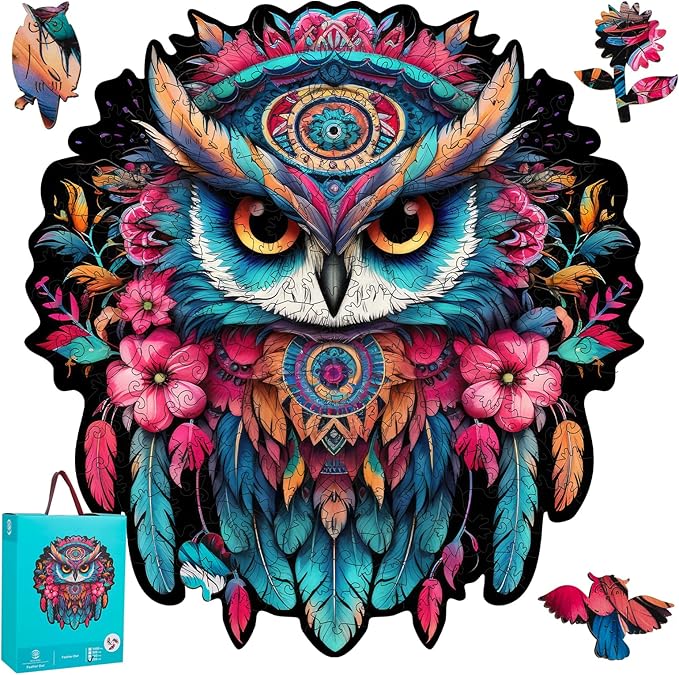 Feather Owl Wooden Jigsaw Puzzle for Adult and Kids 200 Pcs Unique Shape Wood Multicolor Beautiful Box Fun Challenge Brain Teaser Family Game Creative Gift for Friends Rompecabezas Madera