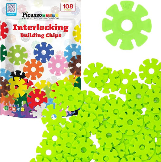 PicassoTiles Building Chips Interlocking Disc Construction Blocks in Light Green Color STEM Learning Early Education Toy Engineering Playset Child Brain Development for Girls Boys Kids Age 3+ PTF108