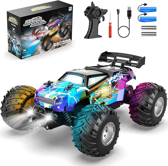 Remote Control Car, All Terrain Remote Control Truck for Boy, 2.4GHz Rc Car with Bodylight and Two Rechargeable Batteries, 20KM/H Monster Truck Toys