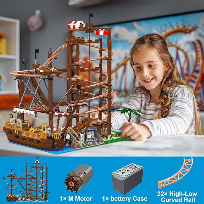 Roller-Coaster Building Set, Motorized Electric Pirate Ship Track, City Amusement Park Toy for Boy Girl Ages 6 7 8 9+, Birthday Gifts for Adult Kid Teen, Theme Construction Collection 2174pcs