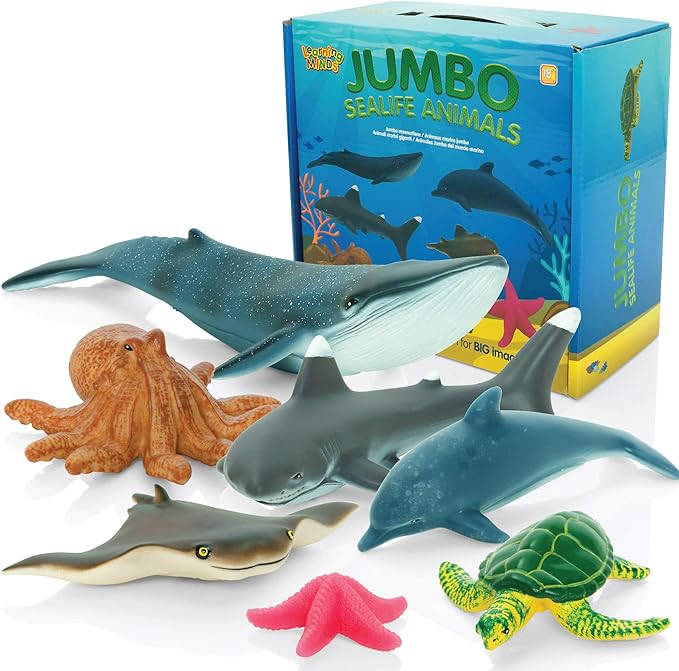 Learning Minds Jumbo Sea Animals - Set of 7 Educational Ocean Fish Toys for Kids - Shark, Whale, Dolphin, Octopus Animal Figures - Toy Fish & Sea Creatures for Toddlers - Age 18 Months +