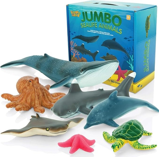 Learning Minds Jumbo Sea Animals - Set of 7 Educational Ocean Fish Toys for Kids - Shark, Whale, Dolphin, Octopus Animal Figures - Toy Fish & Sea Creatures for Toddlers - Age 18 Months +