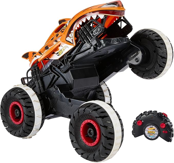 Hot Wheels RC Toy, Remote-Control Monster Trucks Unstoppable Tiger Shark in 1:15 Scale with Terrain Action Tires