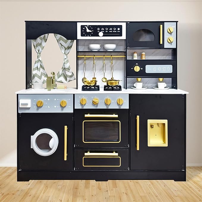 Wooden Play Kitchen with Ice Maker, Water Dispenser and Coffee Maker;Large Toddler Kitchen Playset with Washing Machine,Sink and Stove;Premium Gifts for 3+Years Boys Grils Kids