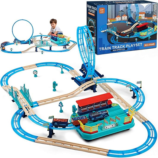 Train Set 85pcs,360° Transformed DIY Train Track Set,Rechargerable Electric Train Set with Realistic Train Station, Train Toys for Birthday Gifts for Kids Boys Girls