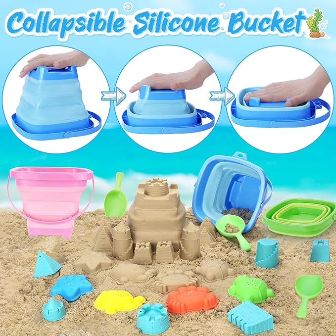 Collapsible Foldable Beach Sand Buckets and Shovels Set - Beach Toys for Kids with Mesh Bag & Sand Molds, Silicone Beach Sand Pails for Travel, Kids and Toddlers
