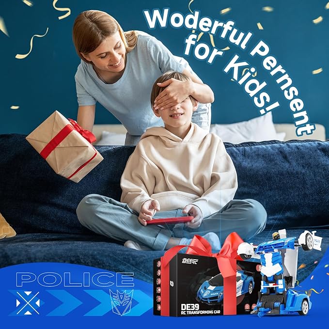 DEERC Transform Remote Control Car,2.4GHz Robot RC Cars,1:18 Scale Police Car Toy One-Button Deformation & 360° Rotating Drifting for Kids Boys Age 4-7 8-12 Birthday Xmas Gift