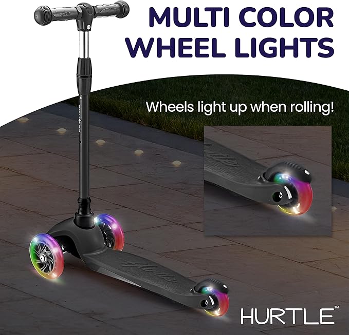 Hurtle Mini Kickboard Scooter for Kids – Height Adjustable 25-28 Inches, 3-Wheel Toddler Micro Scooter with LED Light-up Wheels, Lightweight Riding Toy, Non-Slip, Indoor/Outdoor Fun, Ages 2-5 (Pink)