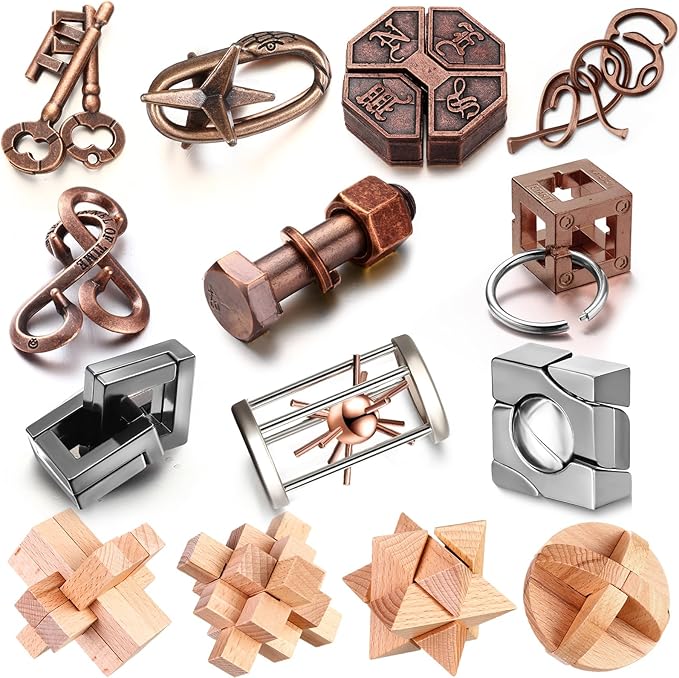 Syhood 14 Pcs Brain Teaser for Adults Metal Puzzles 3D Steel Puzzle for Adults Mind Puzzle Games Wooden Unlock Interlocking Puzzle Adult IQ Education Puzzle Toys Smart Toy (Novelty)