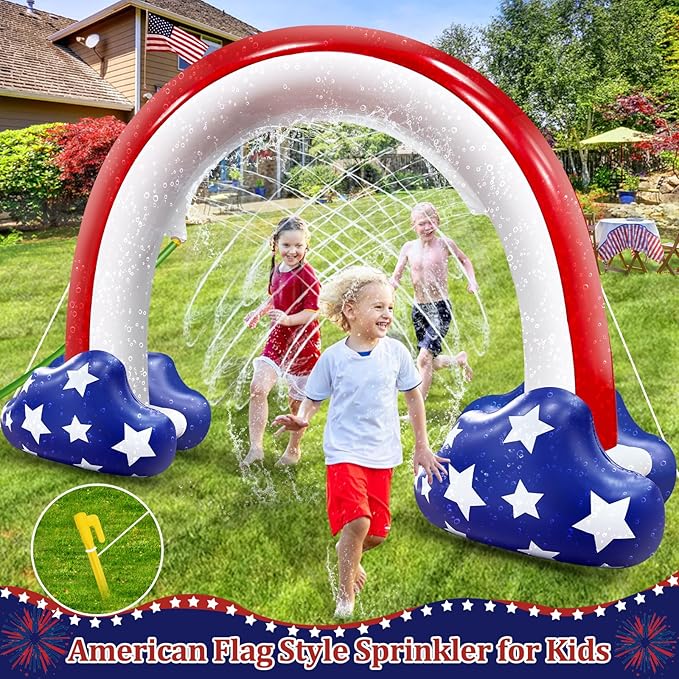 4th of July Inflatable Sprinkler for Kids, 8F * 5.5F American Flag Sprinkler Outdoor Water Toys for Kids Adults 4th of July Independence Day Summer Water Party Backyard Outside Games Activities
