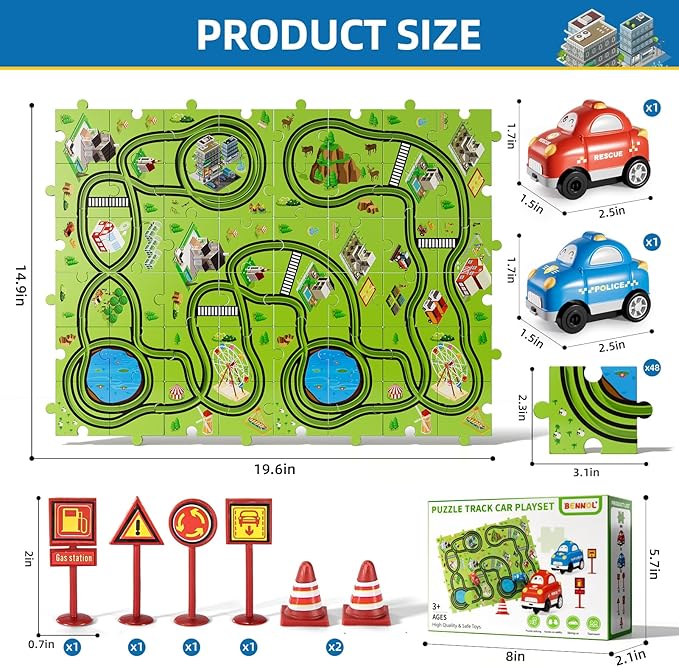 Bennol Toddler Toys Gifts for 2 3 4 5 Year Old Boys, 56 Jigsaw Puzzle Race Track Car Set Toys for Kids Boys Toddlers 1-3 2-4 3-5 4-6, Puzzle Tracks Car Toys Gifts for 2 3 4 5 Year Old Boys Kids