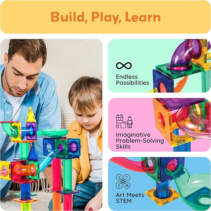 PicassoTiles Marble Run 100 Piece Magnetic Tile Race Track Toy Play Set STEM Building & Learning Educational Magnet Construction Child Brain Development Kit Boys Girls Age 3 4 5 6 7 8+ Years Old Toys