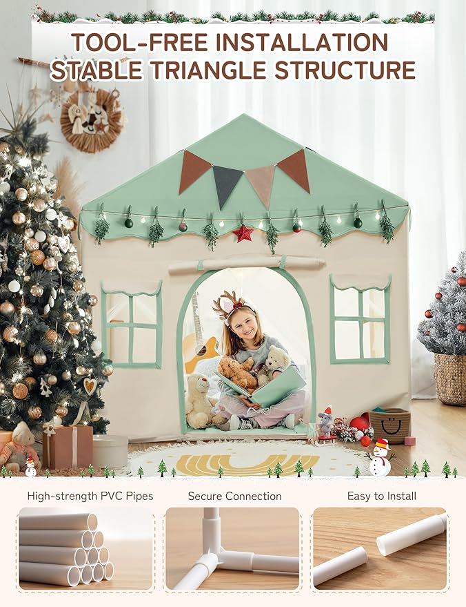 BESREY Kids Play Tent - 2 in 1 with Padded Mat & Lights, Large Playhouse with 2 Doors & 4 Windows, Indoor & Outdoor, Christmas Toddler Play Tent, 51" x 35" x 51