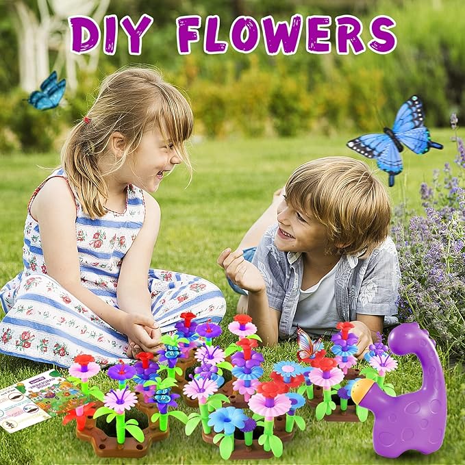 16Pcs Kids Gardening Tools Outdoor Toys Set Backyard Play with 93 PCS DIY Flower Garden Building Preschool Activities (Purple)