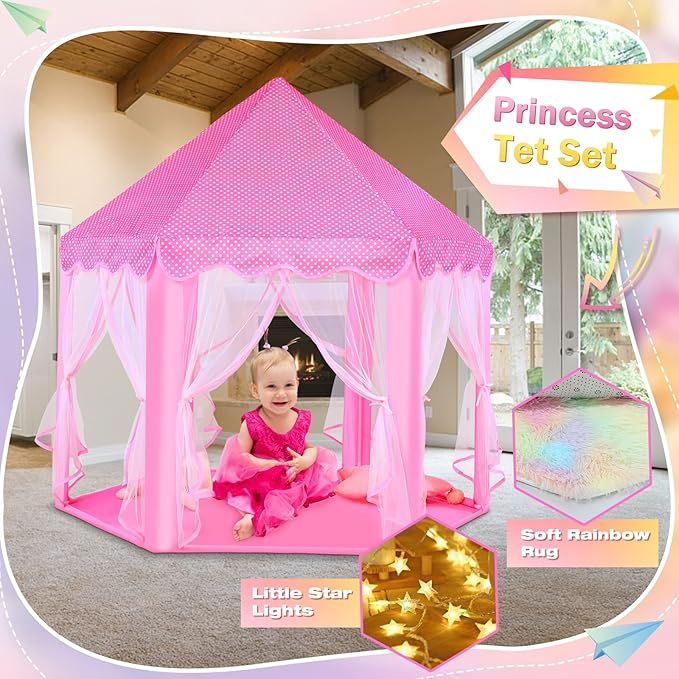 Princess Tent with Rainbow Rug, Little Star Lights for Girls, Pink Play Tent for Kids, Girls Toys Set for Indoor Princess Games Decor, Princess Castle Playhouse