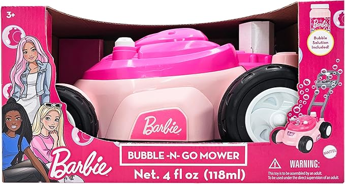 Barbie Bubble Lawn Mower for Toddlers, Bubble Blowing Machines, Indoor and Outdoor Gardening Toy, Birthday, Party Favor for Preschool Girls, No Batteries Required, Includes Bubble Solution, 2+