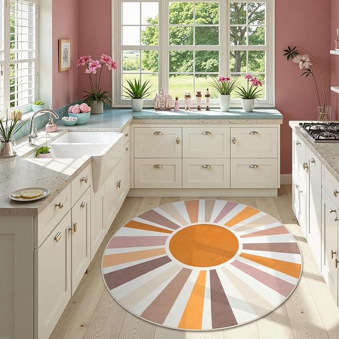 STARUIA Boho Sun Round Washable 6Ft Area Rug for Living Room, Soft Non-Slip Boho Rainbow Kids Nursery Orange Throw Rug Carpet for Bedroom, Circle Colorful Kitchen Rug for Classroom Office Dining Room