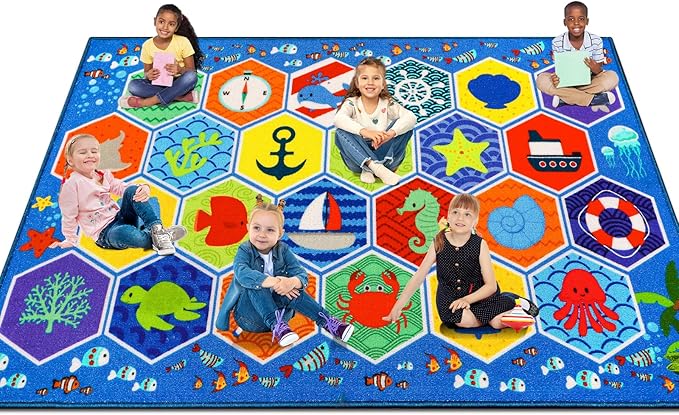 Large Classroom Rug 4×6 Hexagons 24 Seats Ocean Themed Kids' Carpet Kid Rug 13.3'×7.7' Educational Play Mat for Interactive Learning Preschool Rugs for Classroom Learning Area 157"×91"