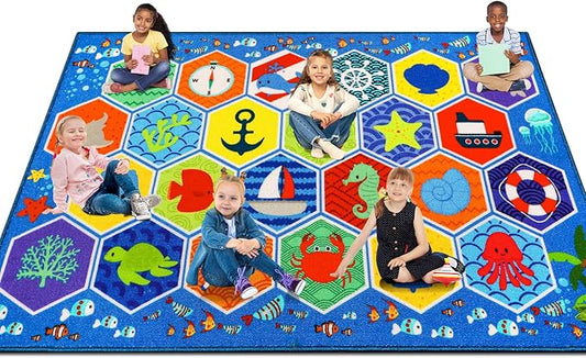 Large Classroom Rug 4×6 Hexagons 24 Seats Ocean Themed Kids' Carpet Kid Rug 13.3'×7.7' Educational Play Mat for Interactive Learning Preschool Rugs for Classroom Learning Area 157"×91"