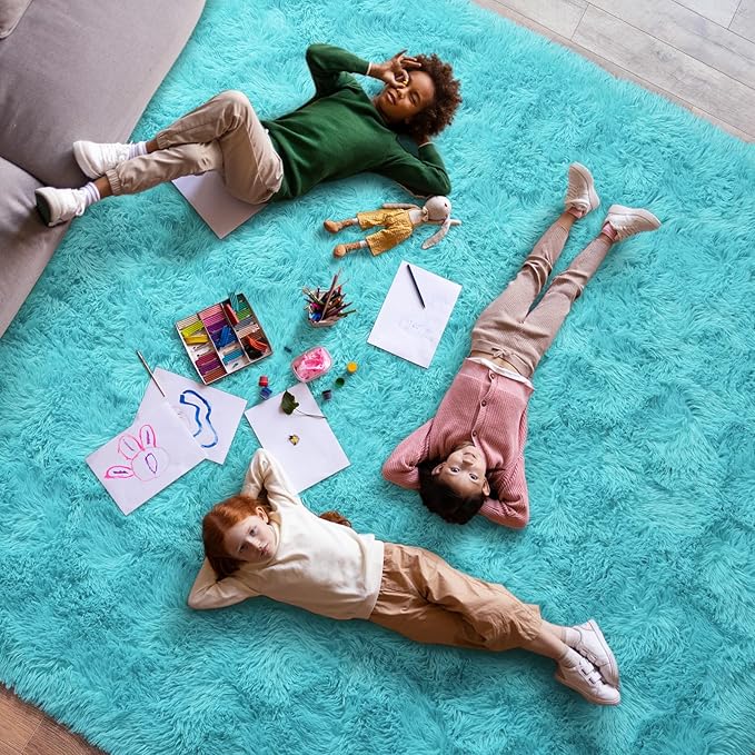 Super Fluffy Area Rug for Bedroom, Modern Shag Blue Area Rugs, Soft Plush Small Carpet for Kids,Girls Boys and Teens Decorations for Living Room Dorm Nursery Classroom, 6x9 Fee