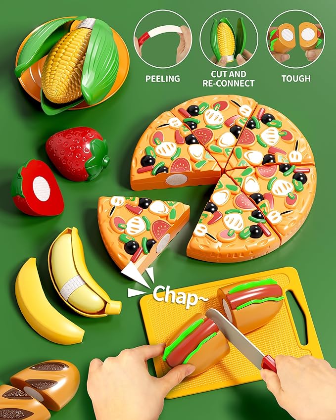 80pcs Pretend Play Food for Kids, Cutting Toy Food Set with Picnic Basket, Play Kitchen Accessories, Food Toys with Veggies, Fruits, Pizza Toy for Boys Girls Gift