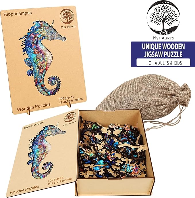 Wooden Jigsaw Puzzles, Unicorn Seahorse Wood Puzzle 200 Pieces, Unique Shaped Wooden Puzzles for Adults and Kids, Family Game 8.5 x 13.4 Inches