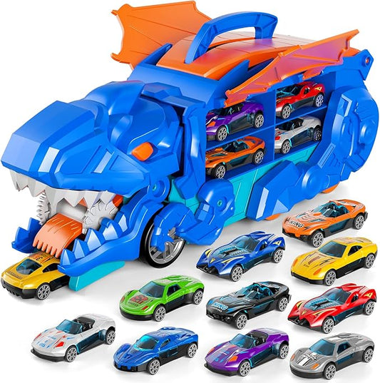 iHaHa Toddler Truck Toys for 3 4 5 6 Years Old Boys, Toys Cars Track Set Dinosaur Transporter Truck with 10 Die-Cast Car Toys, Transforms into Dino, Toddler Car Toys Set for Kids Boys Girls