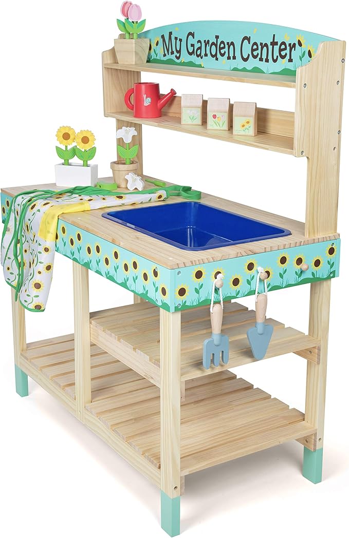 Svan Wooden Toy Gardening Center Indoor Playset - 22 Pc Garden Stand Set w Flowers, Seed Packets, Pots, Shovel Rake Apron Watering Pot- Great Interactive & Fun Pretend Playtime, Gift for Boys Girls