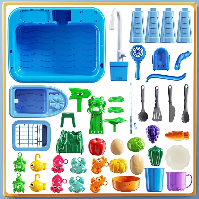 Water Table Play Sink Toy for Kids 2 3 4 5 6 Years Old - Outdoor Kitchen with Running Water, Fishing Games, Toddler Water Play Table for Kids Ages 3-8, Beach Outdoor Toys, Summer Gifts