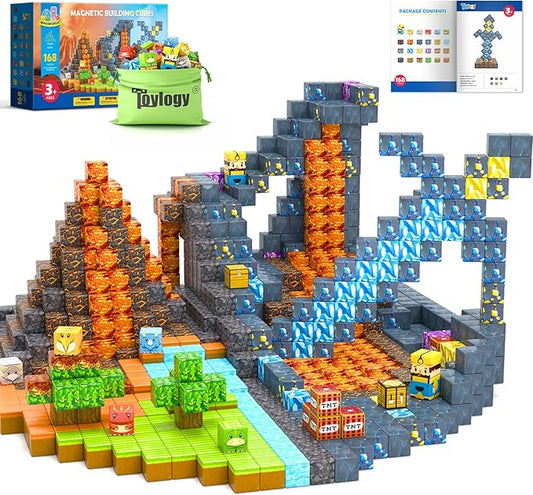 168PCS Magnetic Blocks-Build Mine Magnet World Dinosaur & Mine Edition, Building Outdoor Sensory Toys for Kids 3-5, STEM Jurassic Kid Games for Toddler Gifts for Boys and Girls Ages 3 4 5 6 7 8