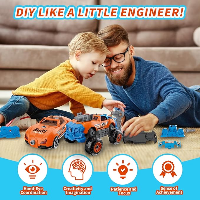 Pup Go 3-in-1 Take Apart Car for Boys with Electric Drill, 43Pcs Construction Toy Truck, Build Your Own Car with Play Tools, Ideal STEM Gift for Kids Children Ages 3 4 5 6 7 Year Orange