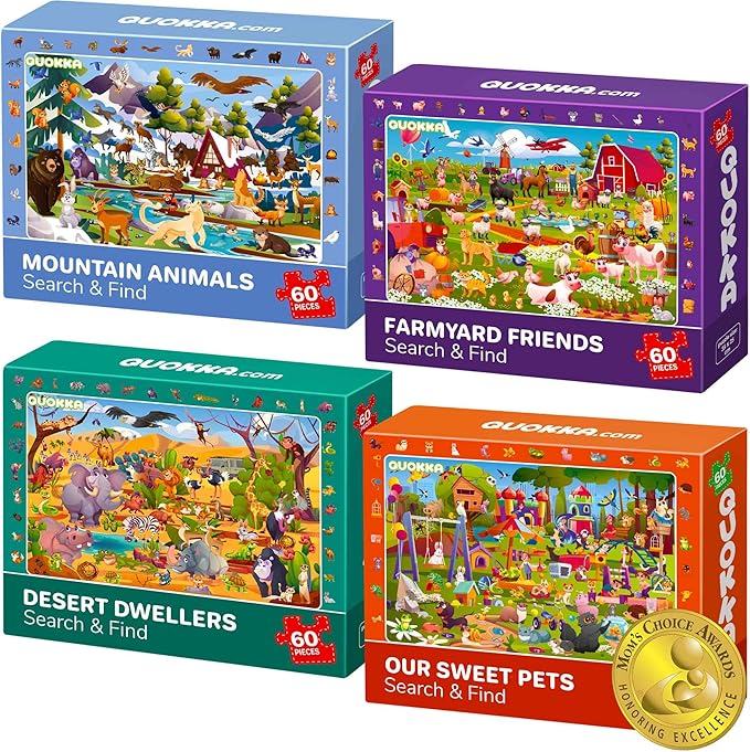 QUOKKA Puzzles for Kids Ages 4-6 - Toddler Puzzles Ages 3-5 - 4-Pack 60 Piece Search and Find Animals Jigsaw Puzzle 6-8 - Learning Toys for 3 Year Old Boys and Girls - Educational Games Gift