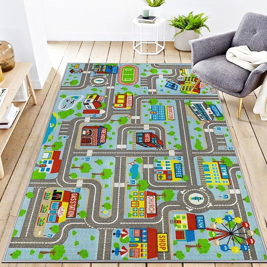 Educational Road Traffic Carpet Kids Carpet Playmat Car Rug Fun City Life Map Kids Car Rug Non Slip Play Carpet for Children Playroom Bedroom Classroom Decor (Sky Blue, 5'2''x3'3'')