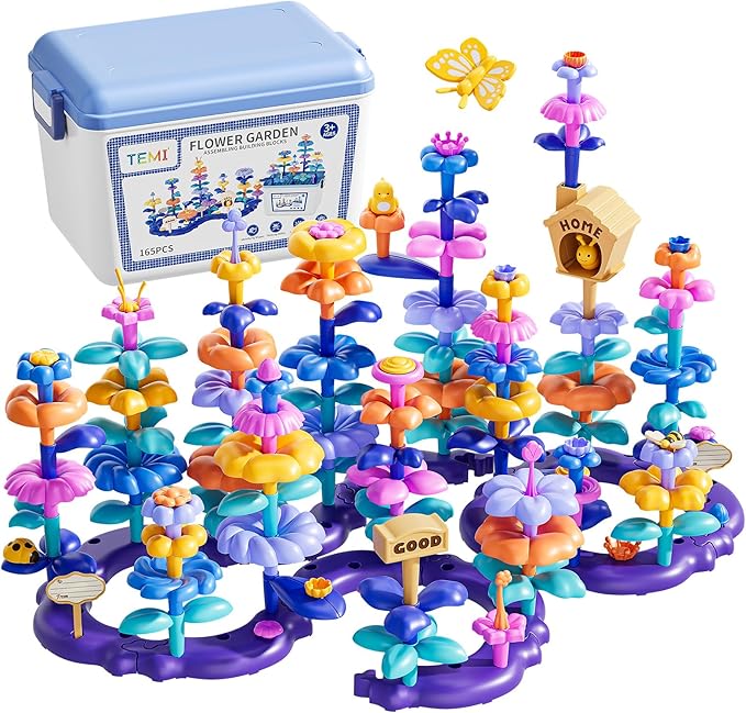 TEMI 165 PCS Flower Garden Building Toys for Toddler, Educational STEM Toy and Preschool Garden Play Set for Toddlers 3 4 5 6 7 Year Old Kids Boys Girls, Flower Stacking Toys for Kids Age 3-8