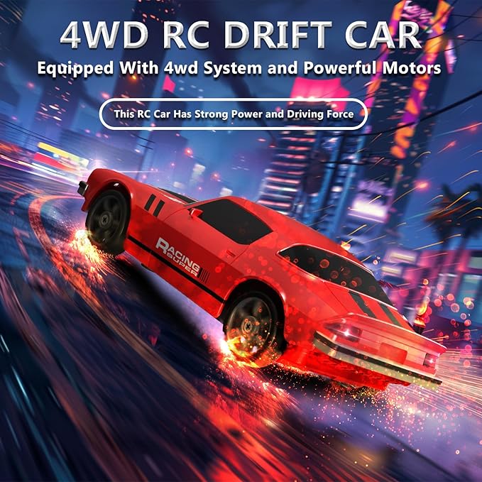 RC Drift Car 1:24 Remote Control Car 4WD 15KM/H High Speed Racing Sport Car with LED Lights RC Cars Toy Cars for Kids Boys Girls Adults Gifts Birthday Christmas Rechargeable Batteries