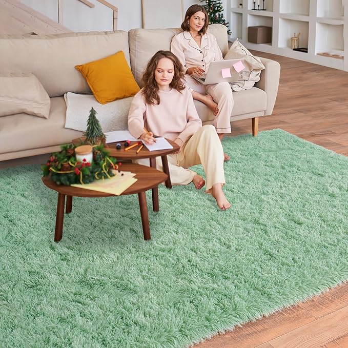 Super Fluffy Area Rug for Bedroom, Modern Shag Sage Green Rugs, Soft Plush Plush Large Carpet for Kids, Girls Boys and Teens Decor for Living Room Dorm Nursery Classroom, 5x7 Feet Light Green