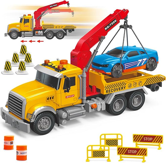 MOBIUS Toys Tow Truck Flatbed and Crane with Race Car Playset – Large 15" Rescue Vehicle Toy w/Friction Push & Go, Lights & Sounds, Birthday Gift for Kids, Toddlers, Girls & Boys Ages 3-8
