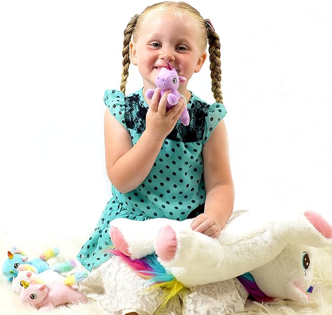 DreamsBe Unicorn Stuffed Animal with Mommy and 4 Baby Unicorns for Girls - Plush Mom Stuffie with Pocket for Babies in Her Tummy - Unicorn Gift for Girls Ages 3 4 5 6 7 8 9 Years