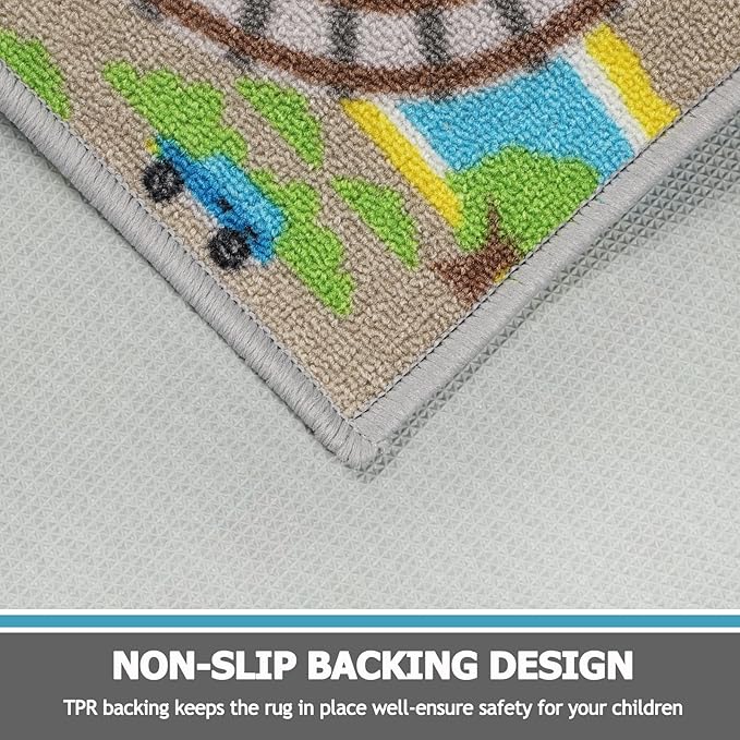 Capslpad Kids Rug 6'6" x 5'0" Educational Learning Kids Play Area Rug Large Traffic Road Cars Play Mat for Kid Toy Nursery Rug Kid Car Carpet for Playroom Living Room Classroom Decor, Tan