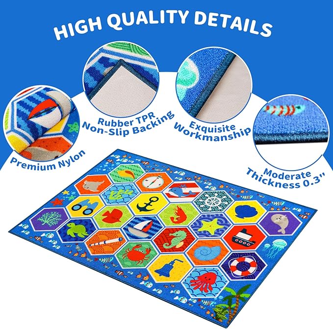Large Classroom Rug 4×6 Hexagons 24 Seats Ocean Themed Kids' Carpet Kid Rug 13.3'×7.7' Educational Play Mat for Interactive Learning Preschool Rugs for Classroom Learning Area 157"×91"