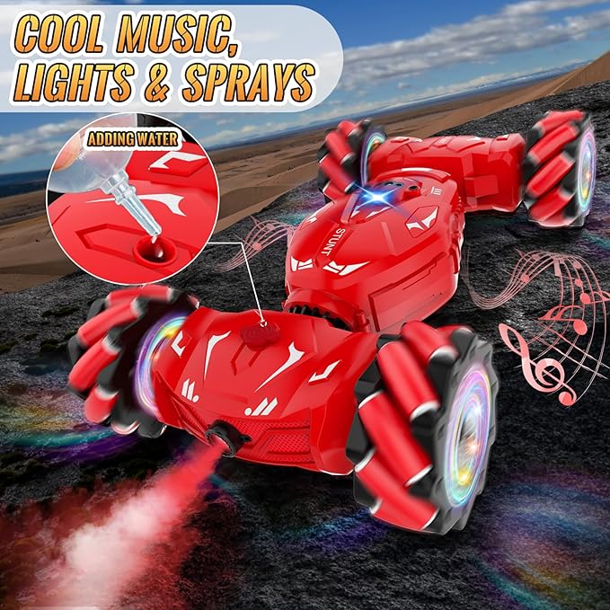 Pristar RC Stunt Cars, Gesture Sensing Remote Car Toys for 6-12 Boys Girls, 2.4Ghz Hand Remote Control Car with Spray Lights Music 360° Rotation 4WD Off-Road, Birthday Xmas Gifts for Kids Age 6-12
