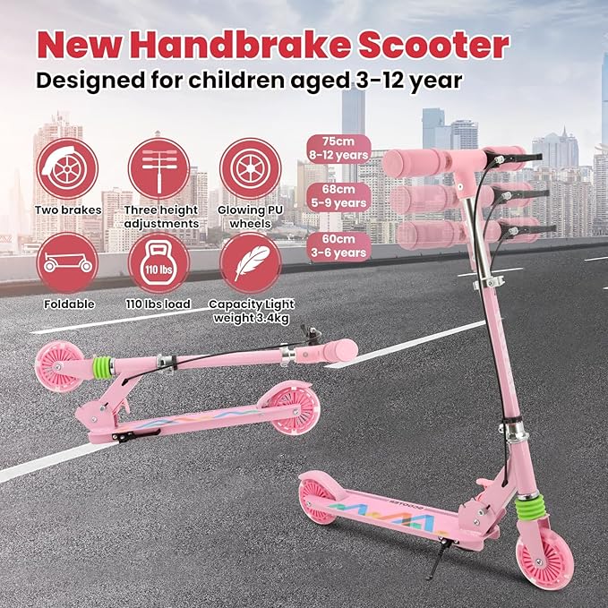 TENBOOM Scooter Kids Scooter with Handbrake, Toddler Scooter Scooters for Kids 3+, Light up LED Wheels Toys for Kids, Adjustable Handlebar, Foldable Scooter for Kids