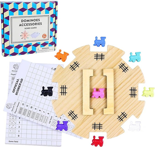 Mexican Train Dominoes Accessories Set - 1 Pine Wooden Mexican Train Hub with Felted Bottom, 9 Colorful Metal Mexican Train Markers, 2 * 50-Sheet Mexican Train Score Pads