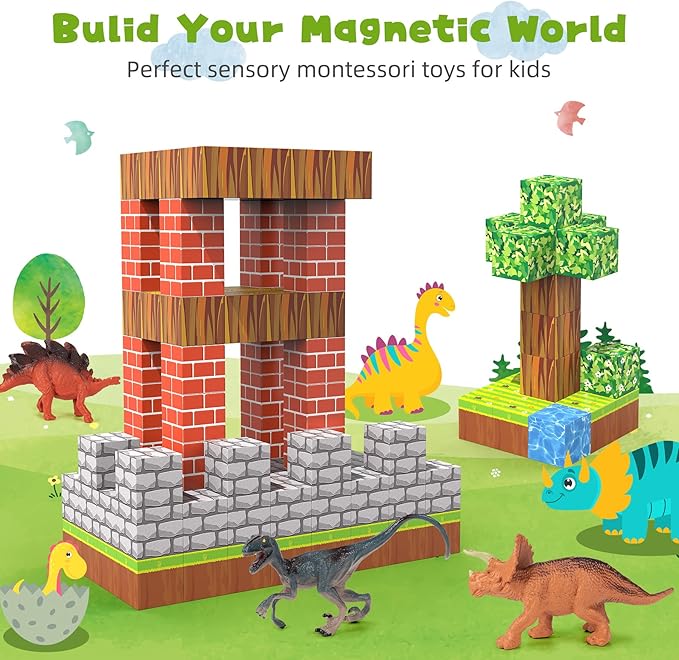 Magnetic Blocks 108PCS Building Set for Boys 6-8 With 6 Dinosaur Toys - Creative Games for Kids 6+ Years Old