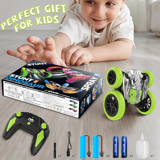 Remote Control Car, 360° Rotating RC Stunt Car with Lights and Spray, 2.4Ghz 4WD Double-Sided Driving RC Car Toys for Kids, Outdoor Dinosaur Truck Gift for Boys and Girls Age 4-7,8-12 (Green)